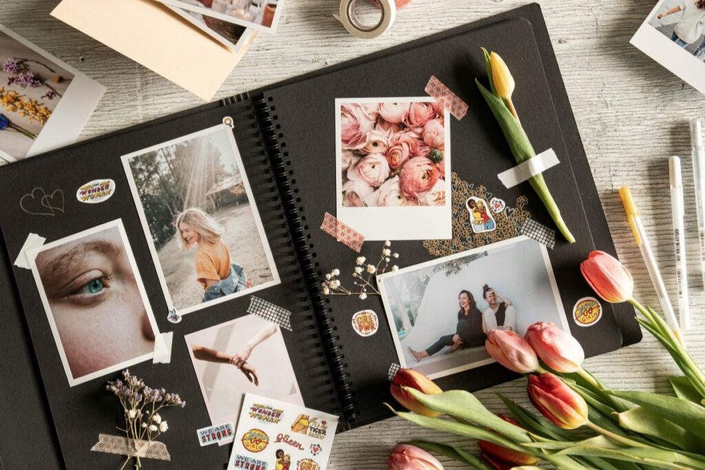 Photos in a scrapbook that was made while celebrating Valentine's Day at home.