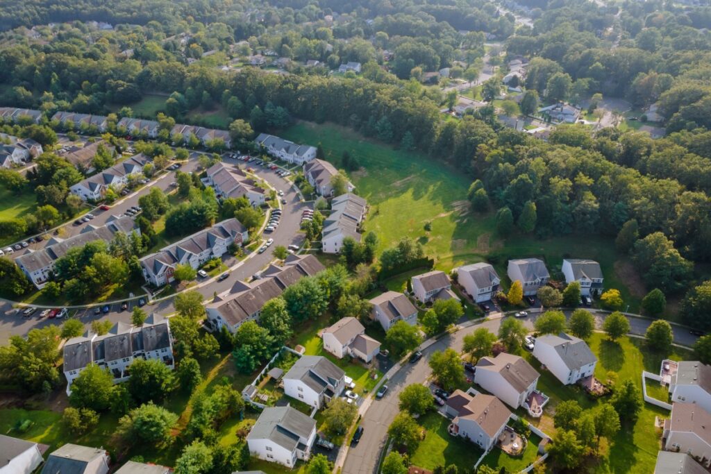 Drone view of suburban homes in Parma, Ohio, just outside Cleveland