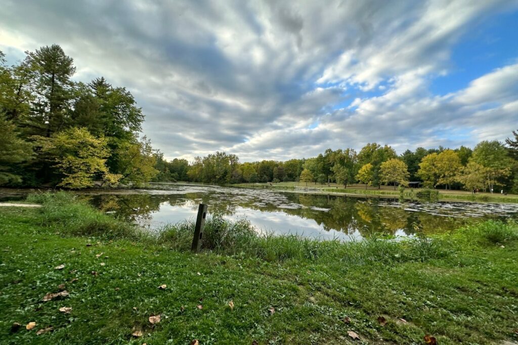 An overcast day looking out over a pond in one of the the most affordable Indianapolis suburbs