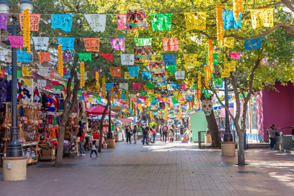 Festive flags lining the street in beautiful San Antonio, Texas